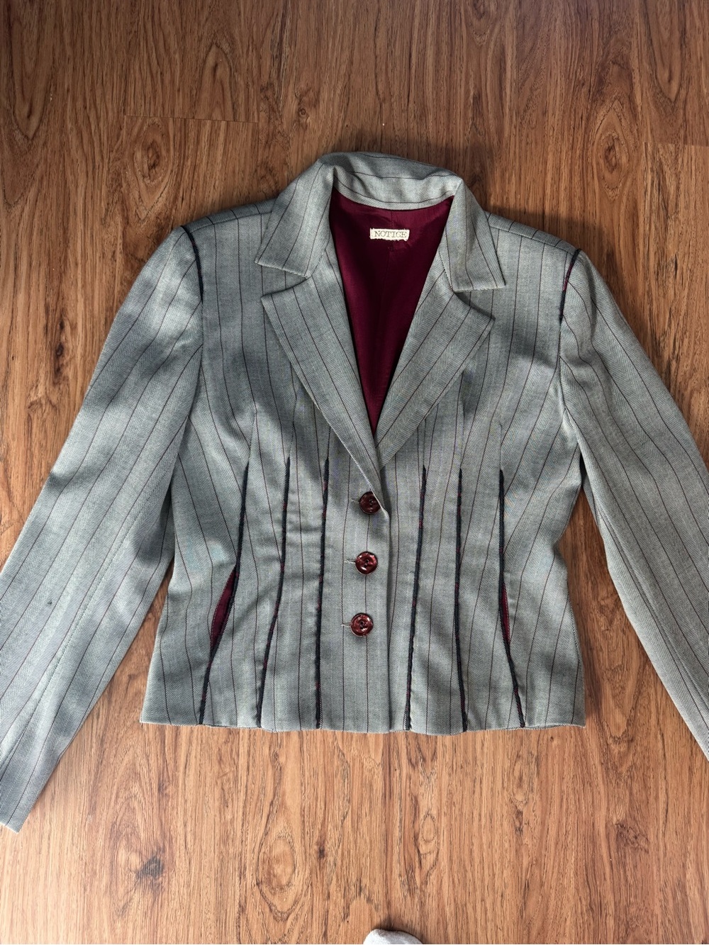 Women's Gray Pinstripe Blazer with Burgundy Lining